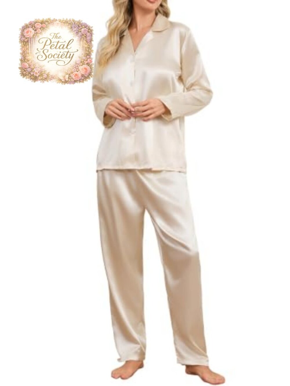 Satin Pajamas Set Long Sleeve Button Notch Neck Relaxed Fit Sleepwear